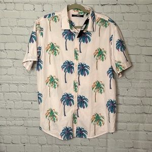mens pink palm tree short sleeve button down shirt- size L NEW